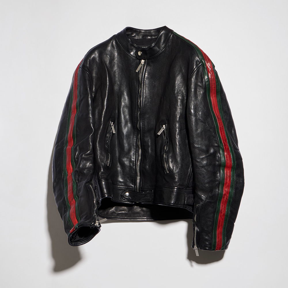 GUCCI Buffalo Leather Biker Jacket With Web in Black #396953