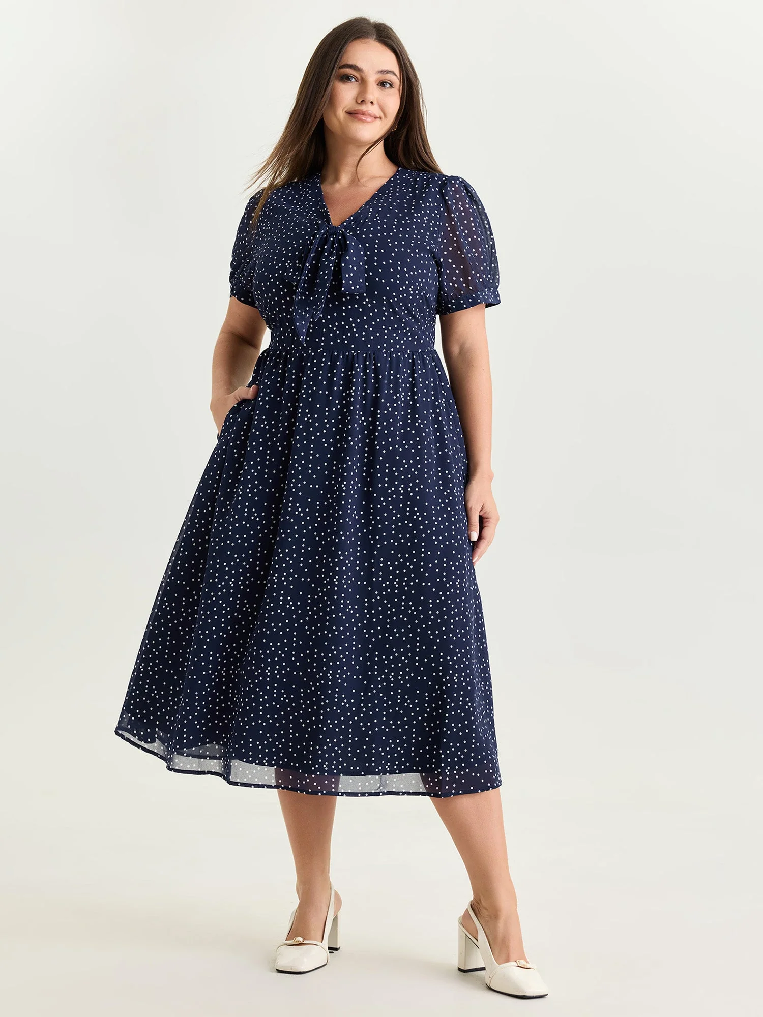 Pretty Polka Dots Ribbon Neckline Midi Dress