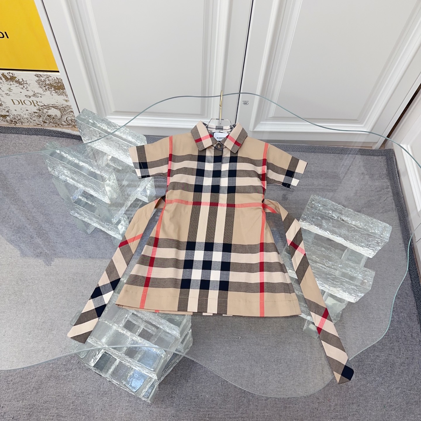 Burberry Girls Vintage Check Belted Collared Short Sleeve Cotton Shirt Dress Kids Sizes 80-160