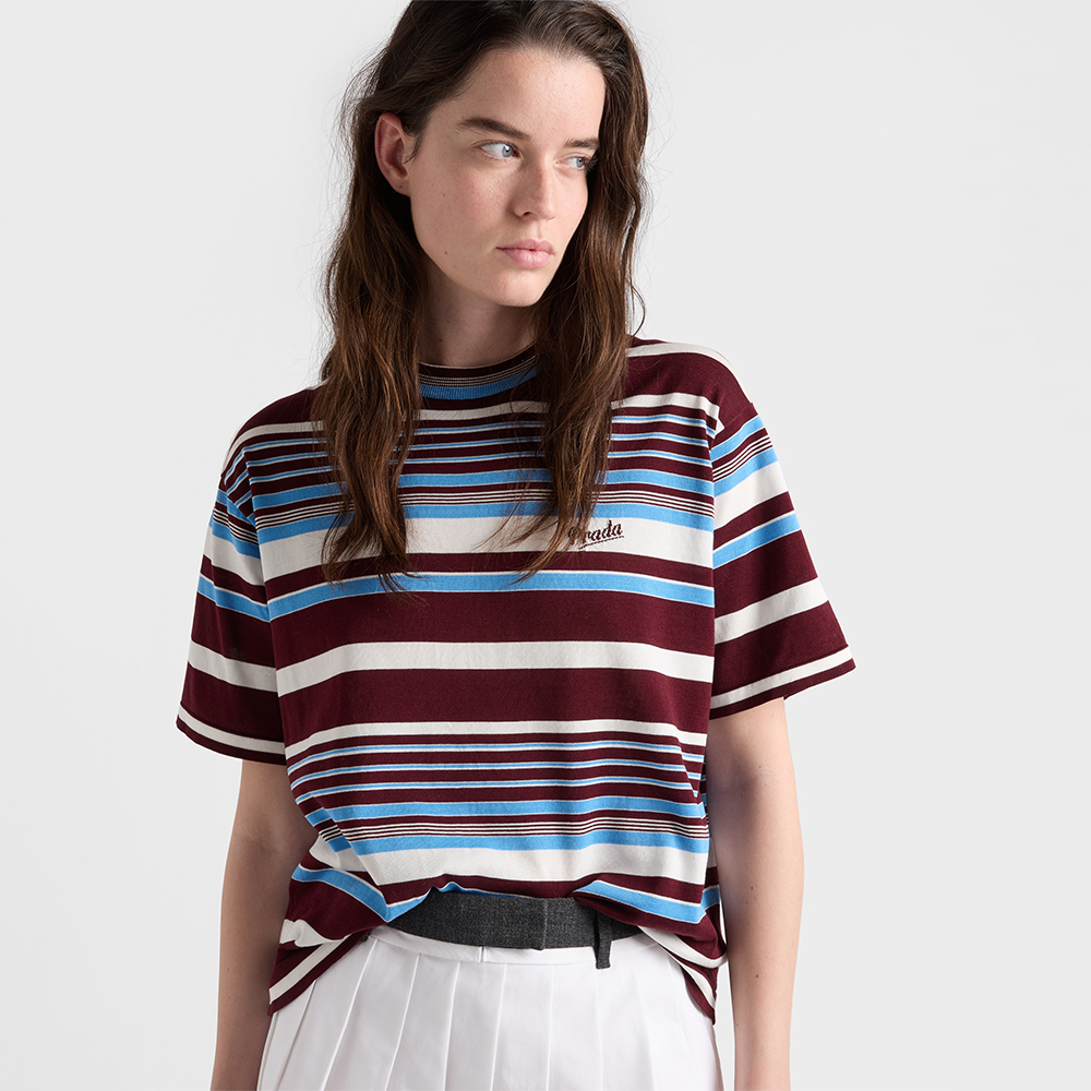 Prada blue Clothing PRADA Amaranth light Blue Striped Cotton Crew-neck Sweater #388054 View 2 | Nigo Office