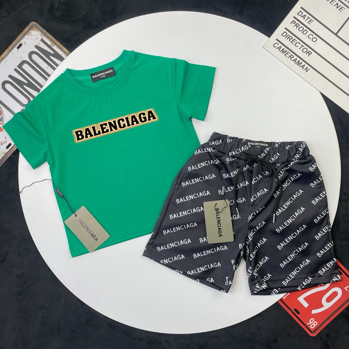 Balenciaga Unisex Kids Green Gold Border Logo Short Sleeve T-Shirt & Black All Over Letter Print Casual Shorts 2 Piece Set Boys Girls Sizes 90-150