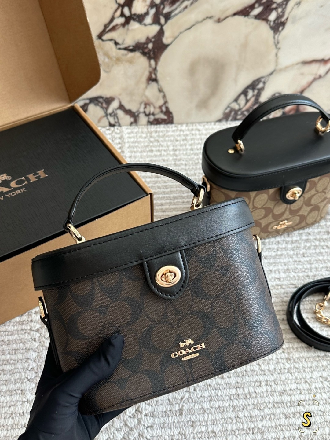 COACH Georgie Limited Edition Signature Pattern Box Bag with Metal Hardware (Replica)