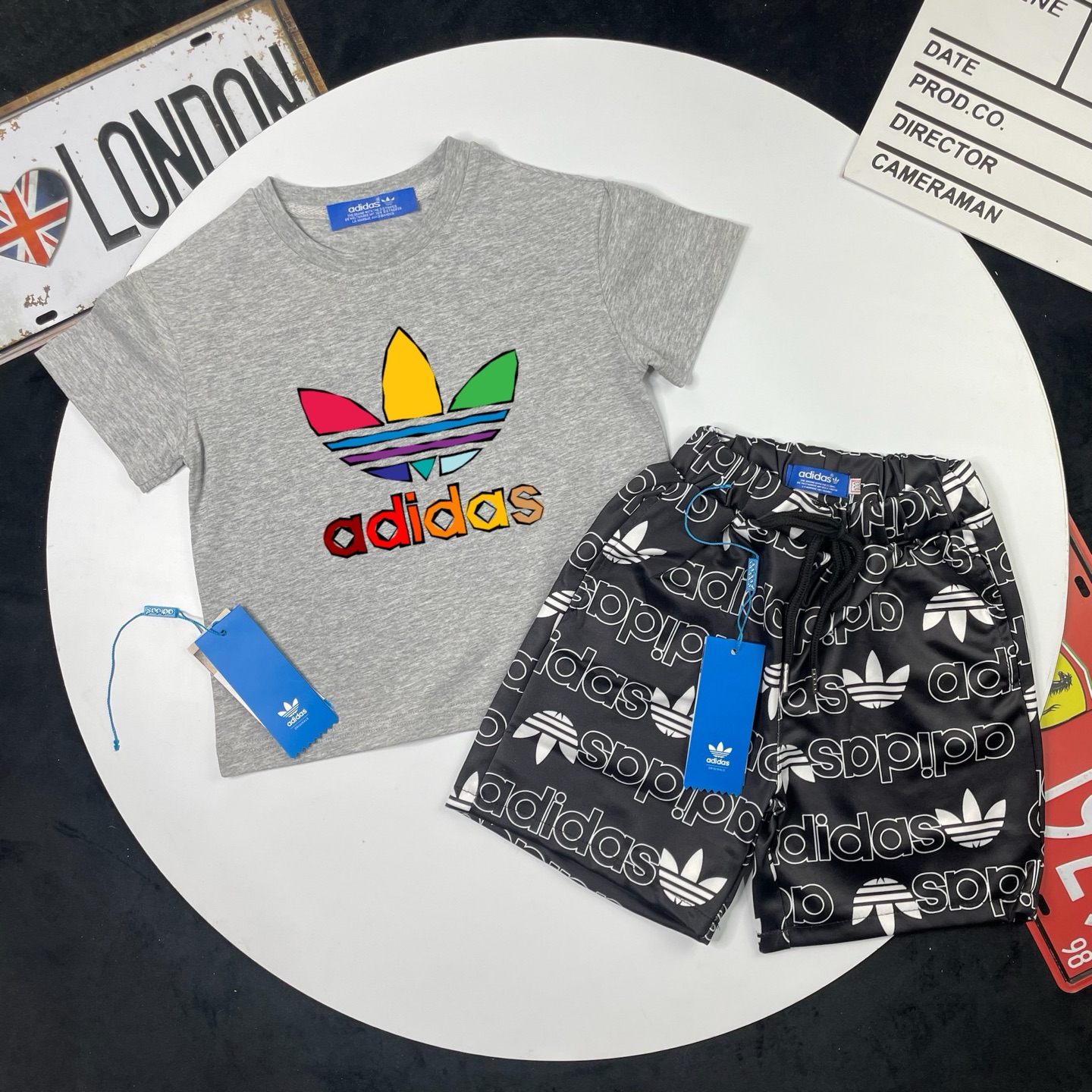 Adidas Unisex Kids Colorful Trefoil Short Sleeve T-Shirt & All Over Logo Print Shorts Set Boys Girls Sizes 90-150