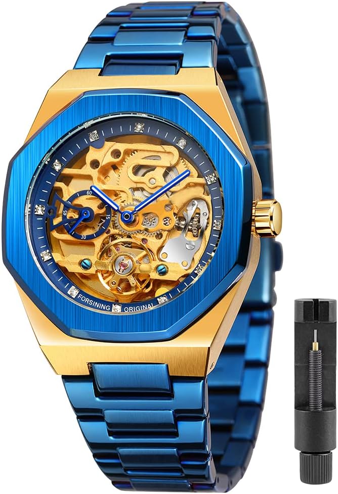 Tiong Mechanical Mens Watches Fashion Automatic Male Clock Blue Stainless Steel Waterproof Business Skeleton Watch…
