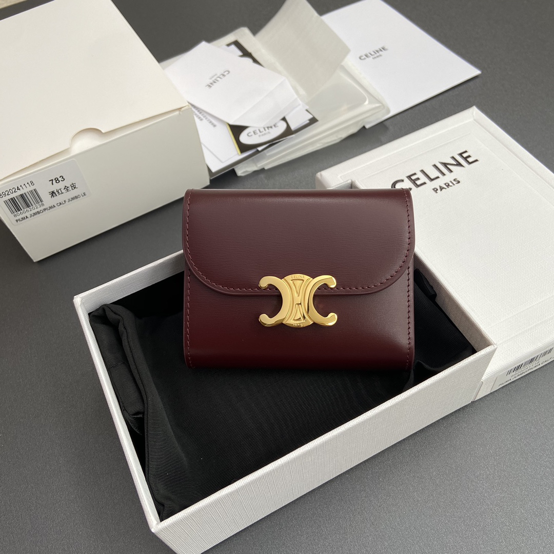 [TOP] CELINE Triomphe Cowhide Leather Short Wallet 10.5×9×3cm - Claret&GHW - 711 Luxury