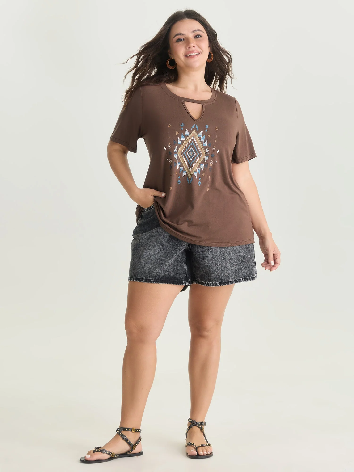 Supersoft Geometric Print Keyhole Neckline T-Shirt