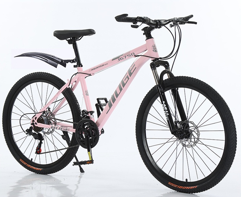 Pink and white mountain bike with lightweight frame, front suspension, and multi-gear system for comfortable trail riding.