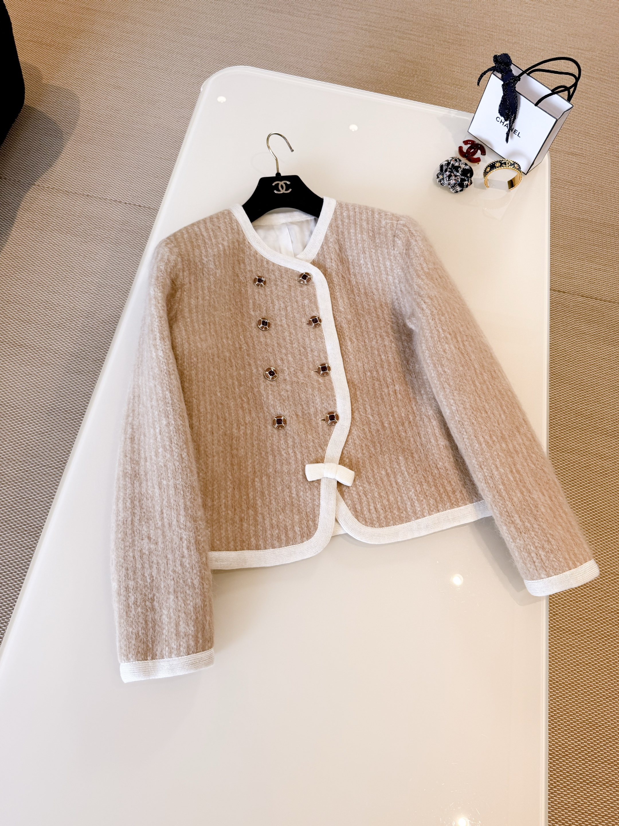 CHANEL Jacket Short skirt Mohair Wool Beige White #334401