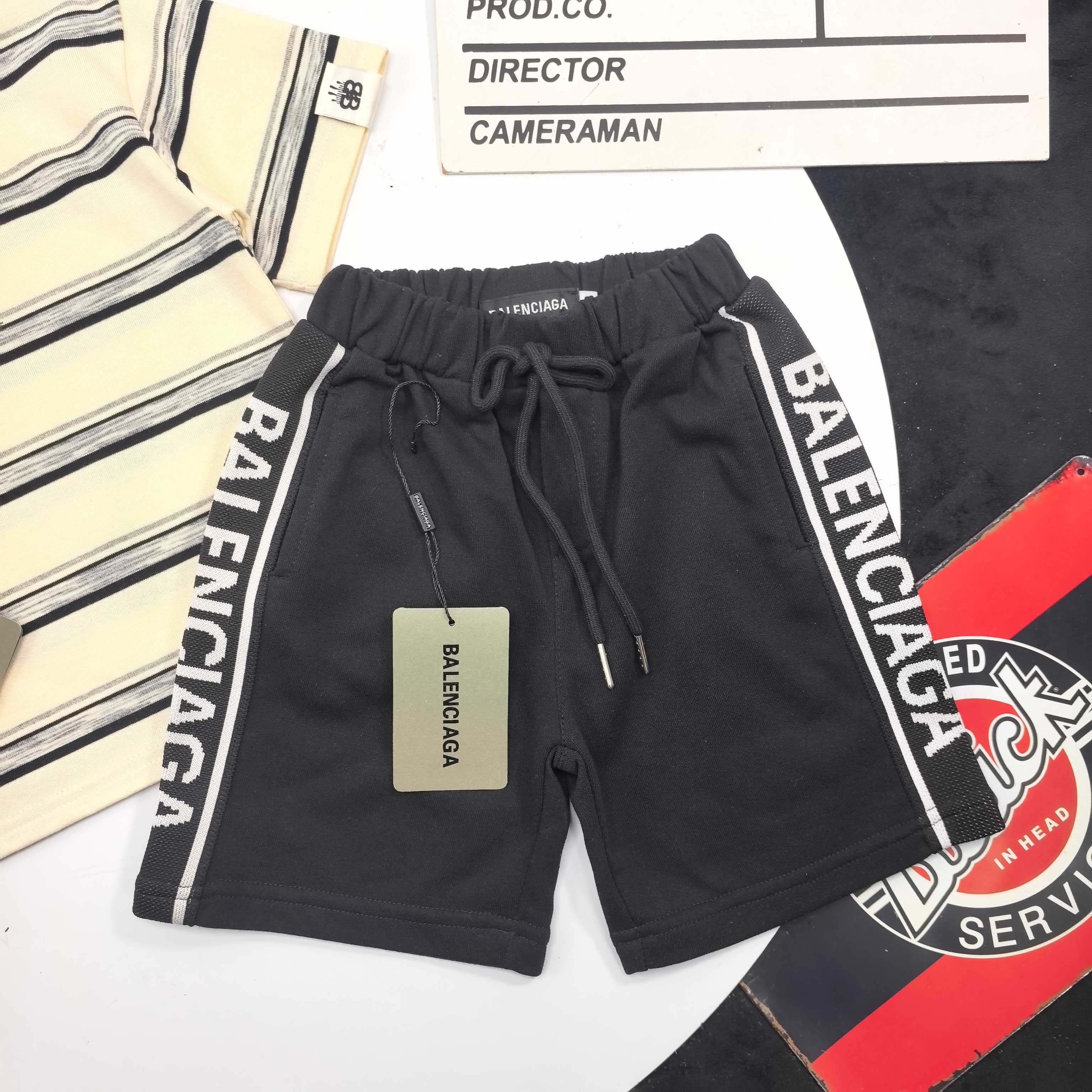 Balenciaga Unisex Kids Cream Striped Letter Print Short Sleeve T Shirt & Side Logo Tape Black Shorts Two Piece Set Boys Girls Sizes 90-150