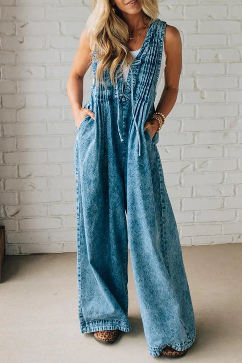 Ladies' Shoulder Strap Hollow Splicing Pleated Casual Jumpsuit
