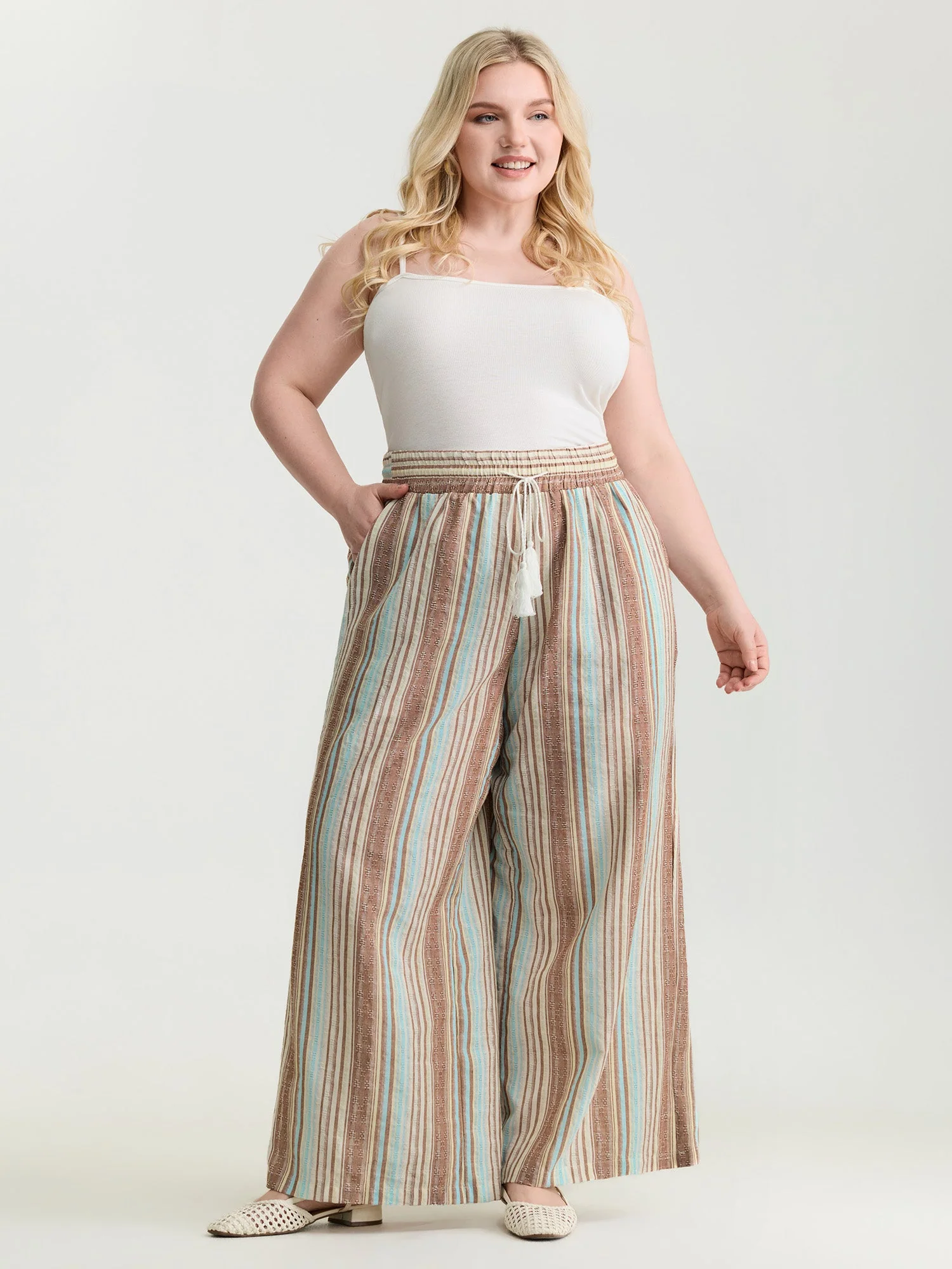 Striped Drawstring Tassels Wide Leg Pants