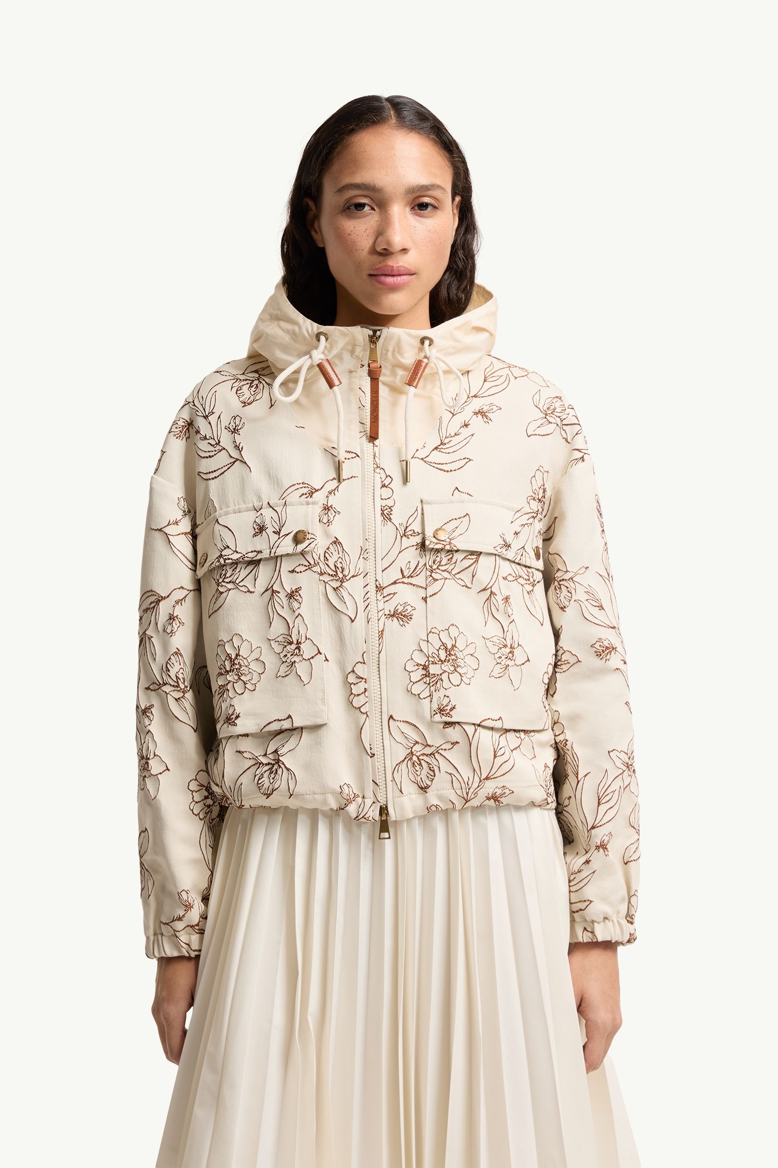 Designer white Clothing Moncler White Brown Nepeta Hooded Floral Print Jacket #395282 View 2 | Nigo Office