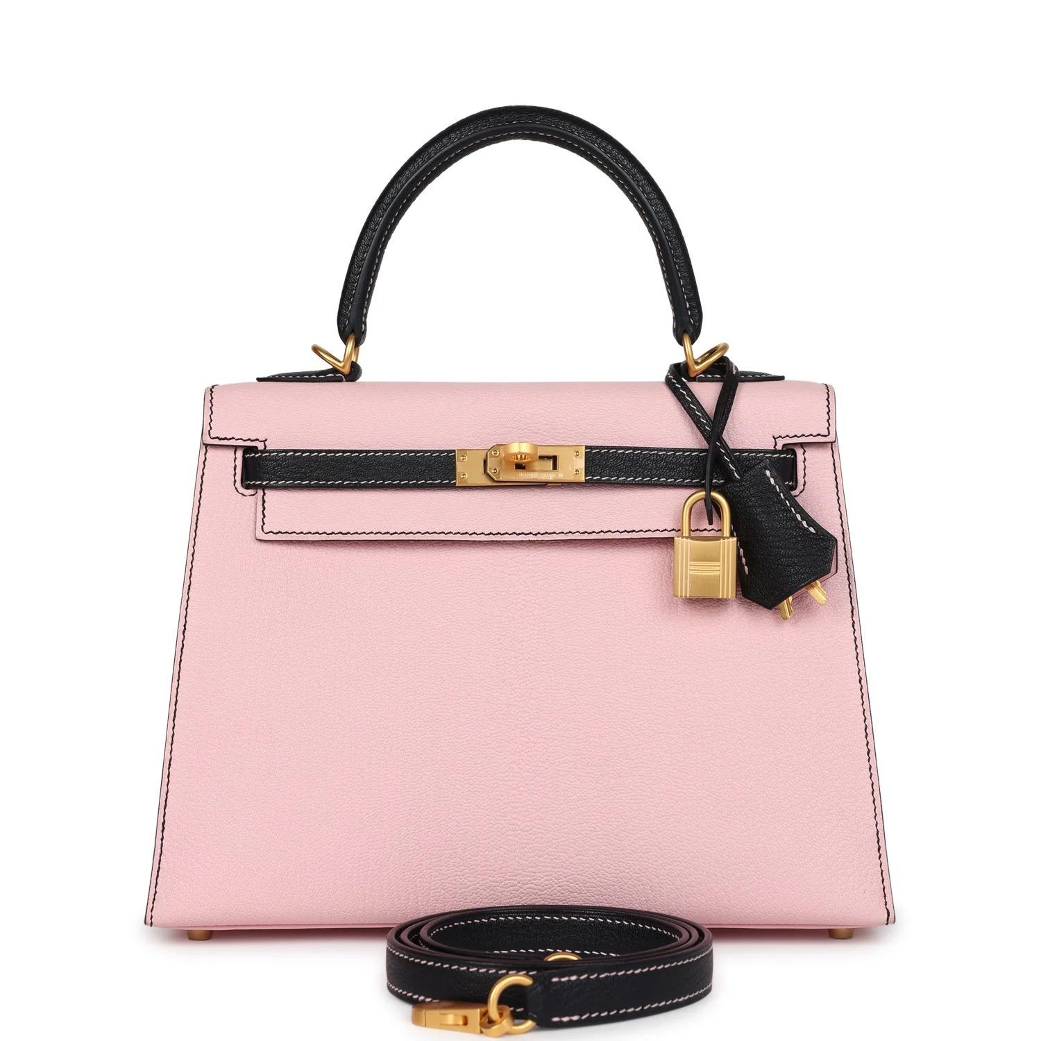 Hermes Special Order (HSS) Kelly Sellier  Rose Sakura and Black Chevre Mysore Brushed Gold Hardware