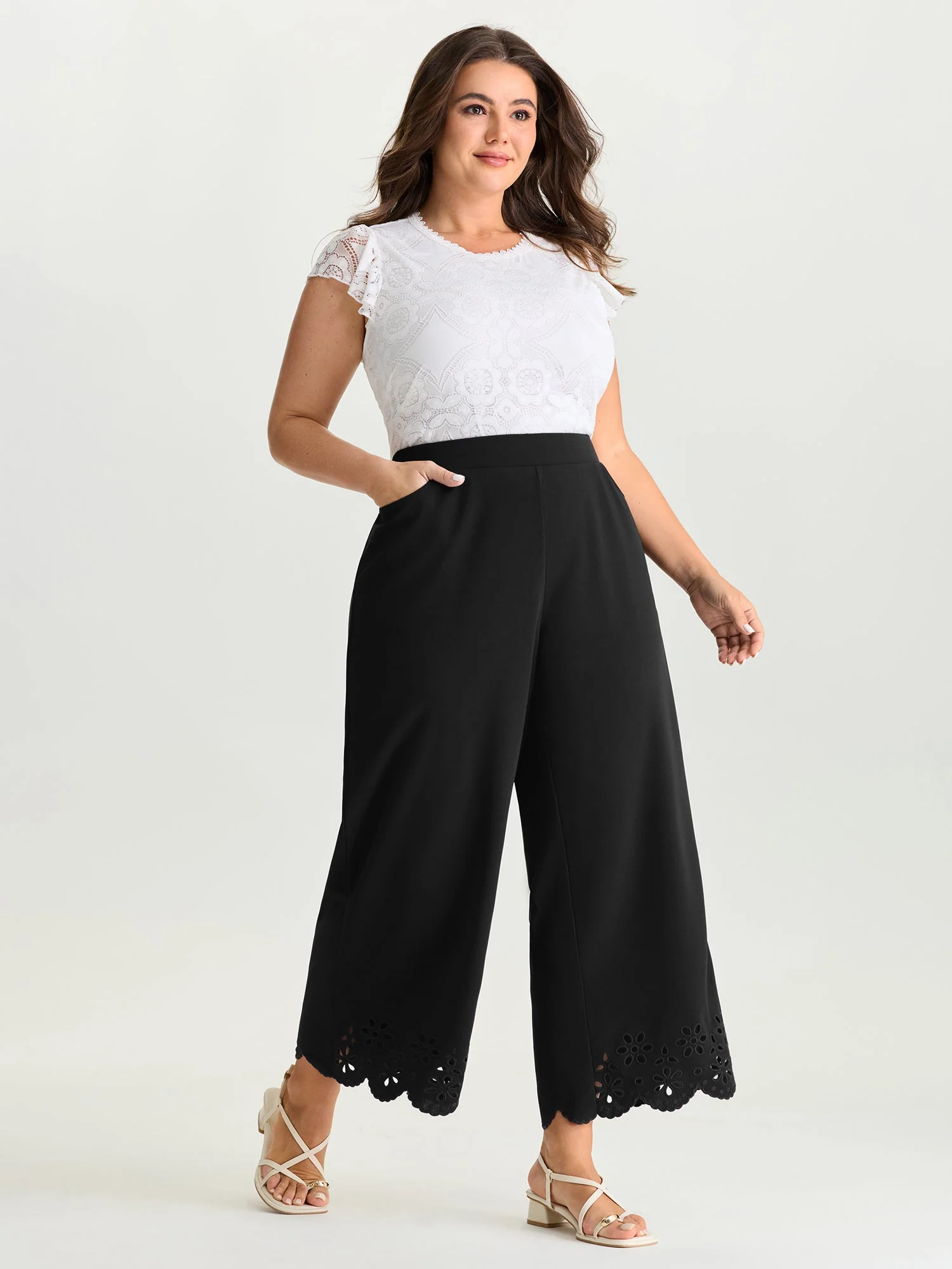 Cut-Out Embroidered Hem Plain Pants