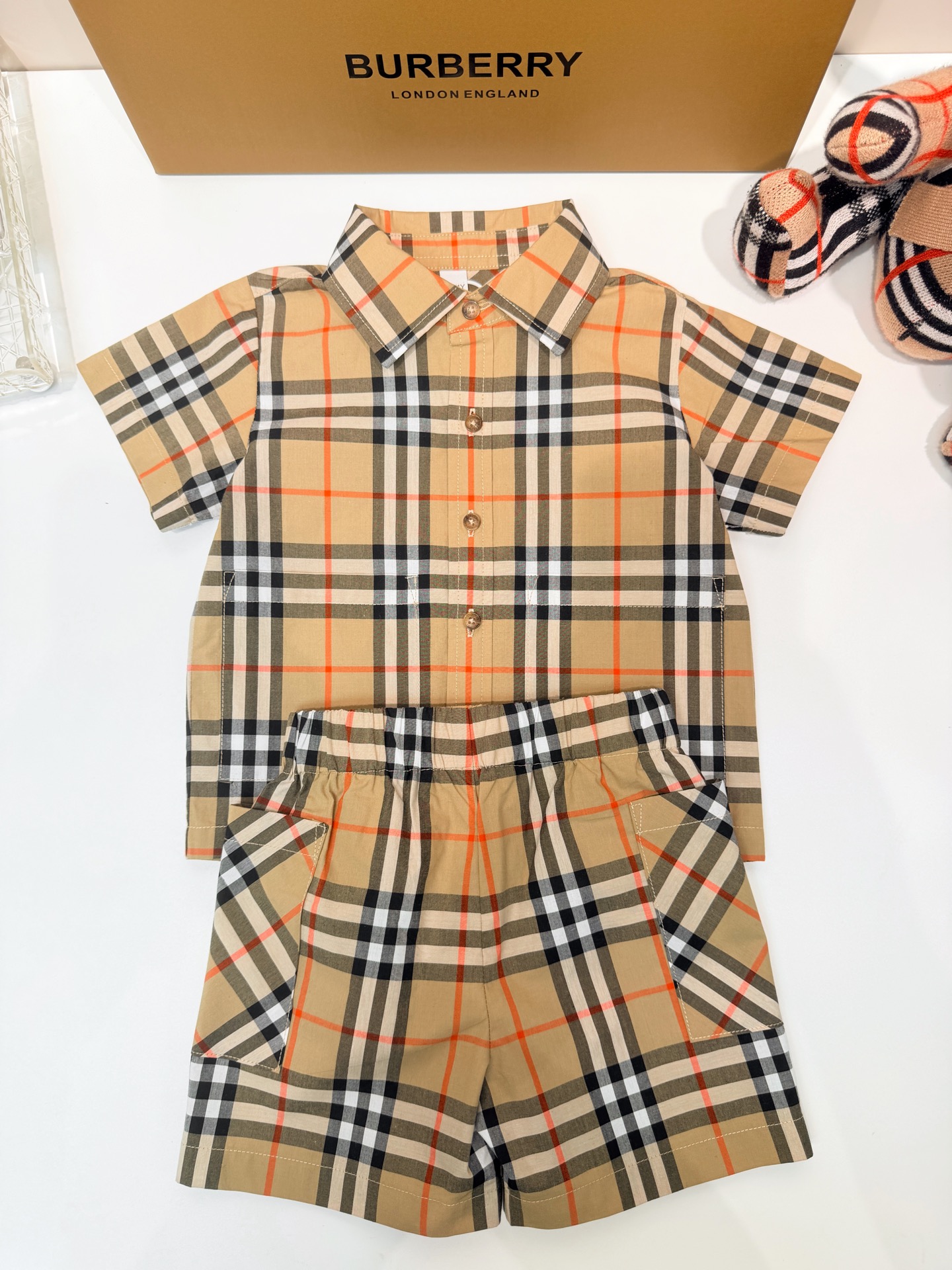 Burberry Unisex Kids Full Vintage Check Short Sleeve Pocket Shirt & Matching Shorts Two Piece Cotton Set Infant Boys Girls British Gentleman Outfit Sizes 80-120