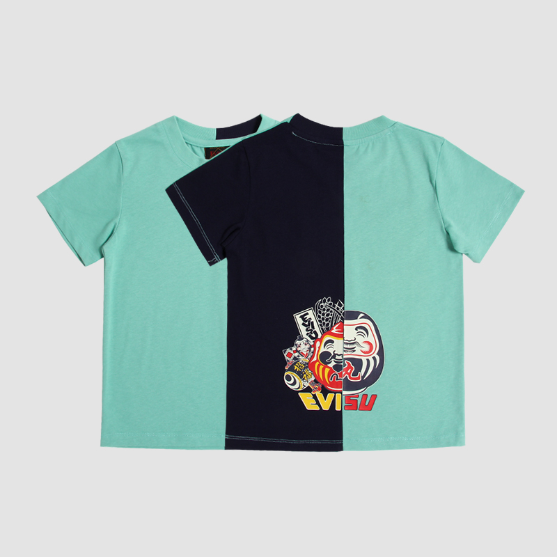 Evisu Unisex Kids Mint Green Black Color Block Daruma Graphic Cotton Short Sleeve T-Shirt Boys Girls Sizes 100-160