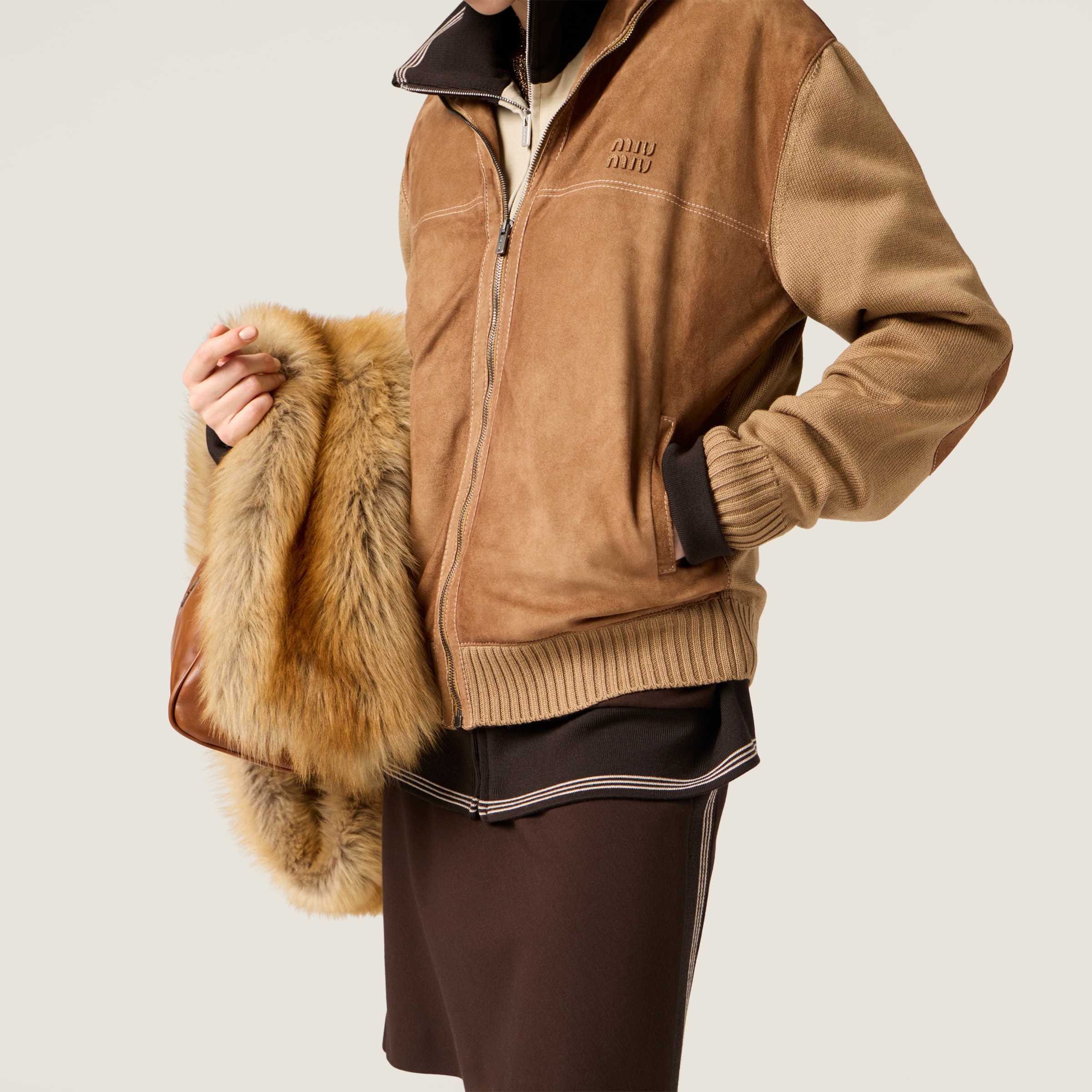 MiuMiu Knitted Paneled Suede Jacket #388185
