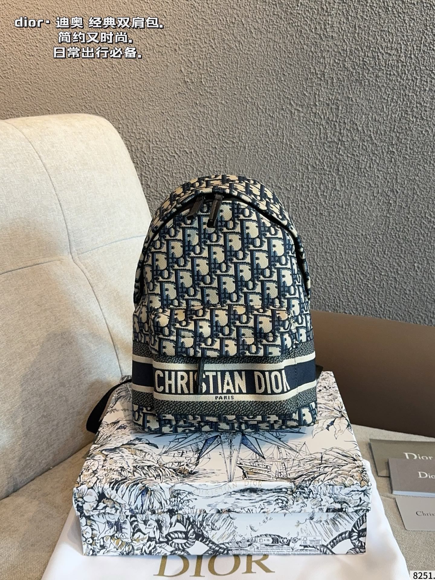 Dior Canvas Backpack with Logo Pattern, Adjustable Straps, Zipper Closure (Replica)