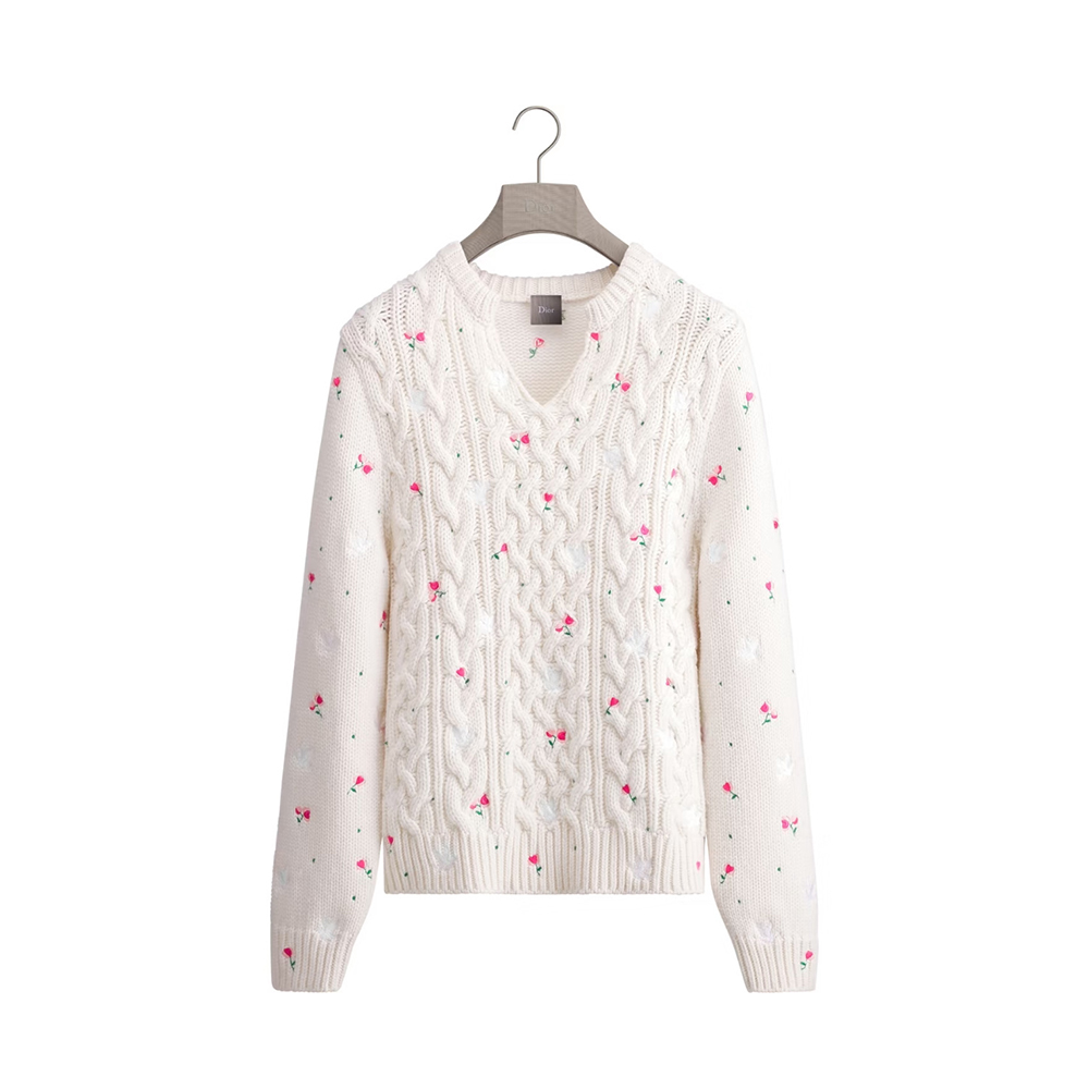 DIOR Lily of the Valley Flower Dove of Peace Embroidered Flower Knitted Sweater #382176