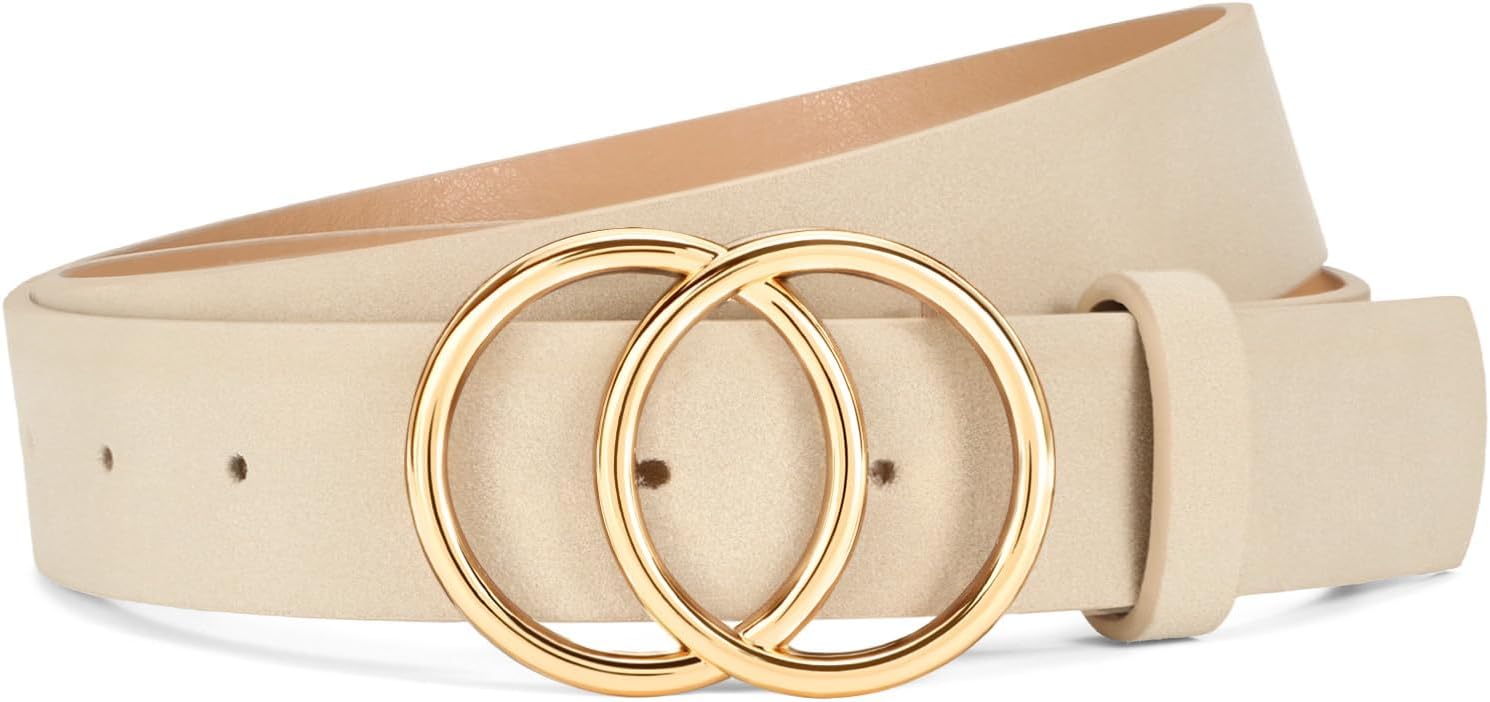 SANSTHS Womens Leather Belt for Jeans Pants Fashion Waist Belts Gold Silver Double Ring Buckle