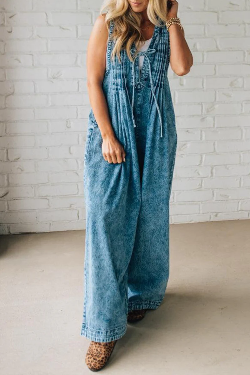 Ladies' Shoulder Strap Hollow Splicing Pleated Casual Jumpsuit