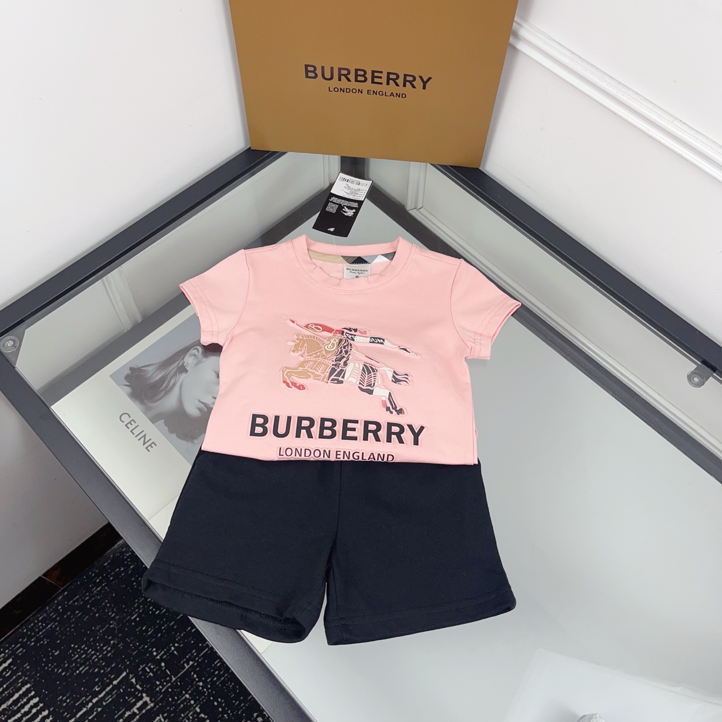 Burberry Unisex Kids Pink Embossed Equestrian Knight Print Short Sleeve T Shirt & Solid Black Elastic Waist Knit Shorts Two Piece Casual Matching Set Boys Girls Sizes 90-130