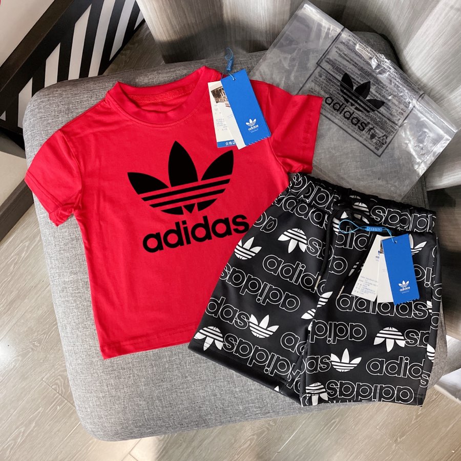 Adidas Kids 2Pcs Big Trefoil Tee & All Over Print Shorts Outfit For Boys Girls Full Original Tags Sizes 90-150,