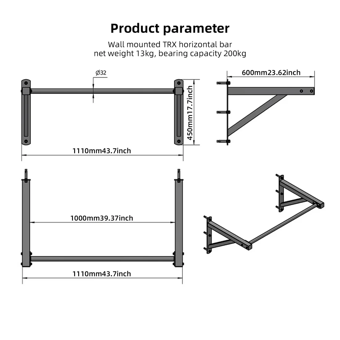 Stainless steel Wall Mounted pull up bar
