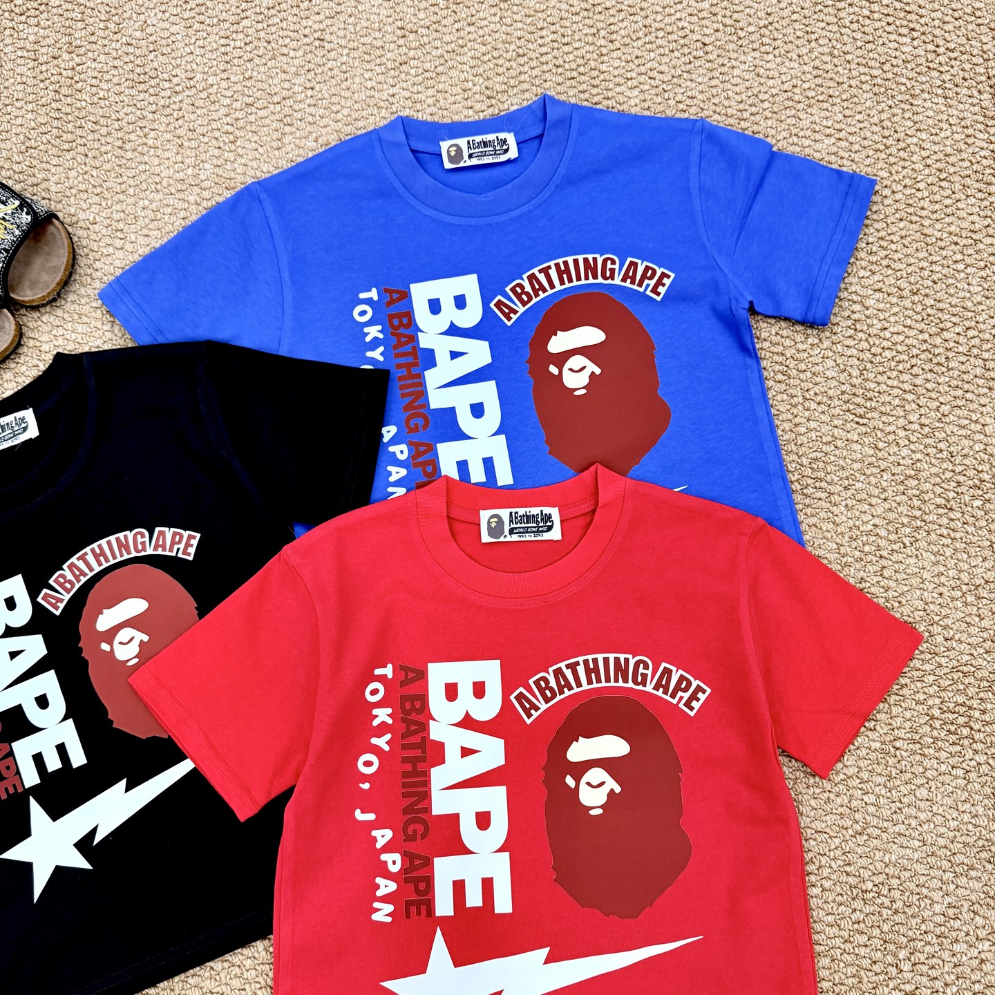 Bape Unisex Kids Black Red Blue Ape Head Star Lightning Graphic Short Sleeve T-Shirt Boys Girls Sizes 90-150
