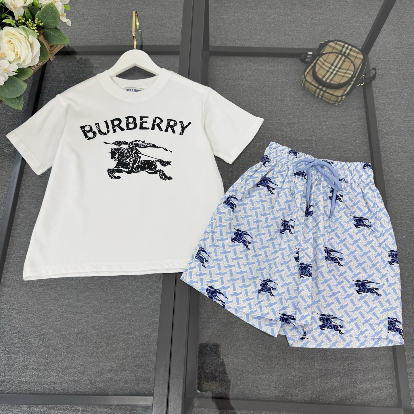 Burberry Unisex Kids White Knight Logo Short Sleeve T-Shirt & All Over Blue Knight Print Drawstring Beach Shorts Two Piece Set Boys Girls Sizes 100-160