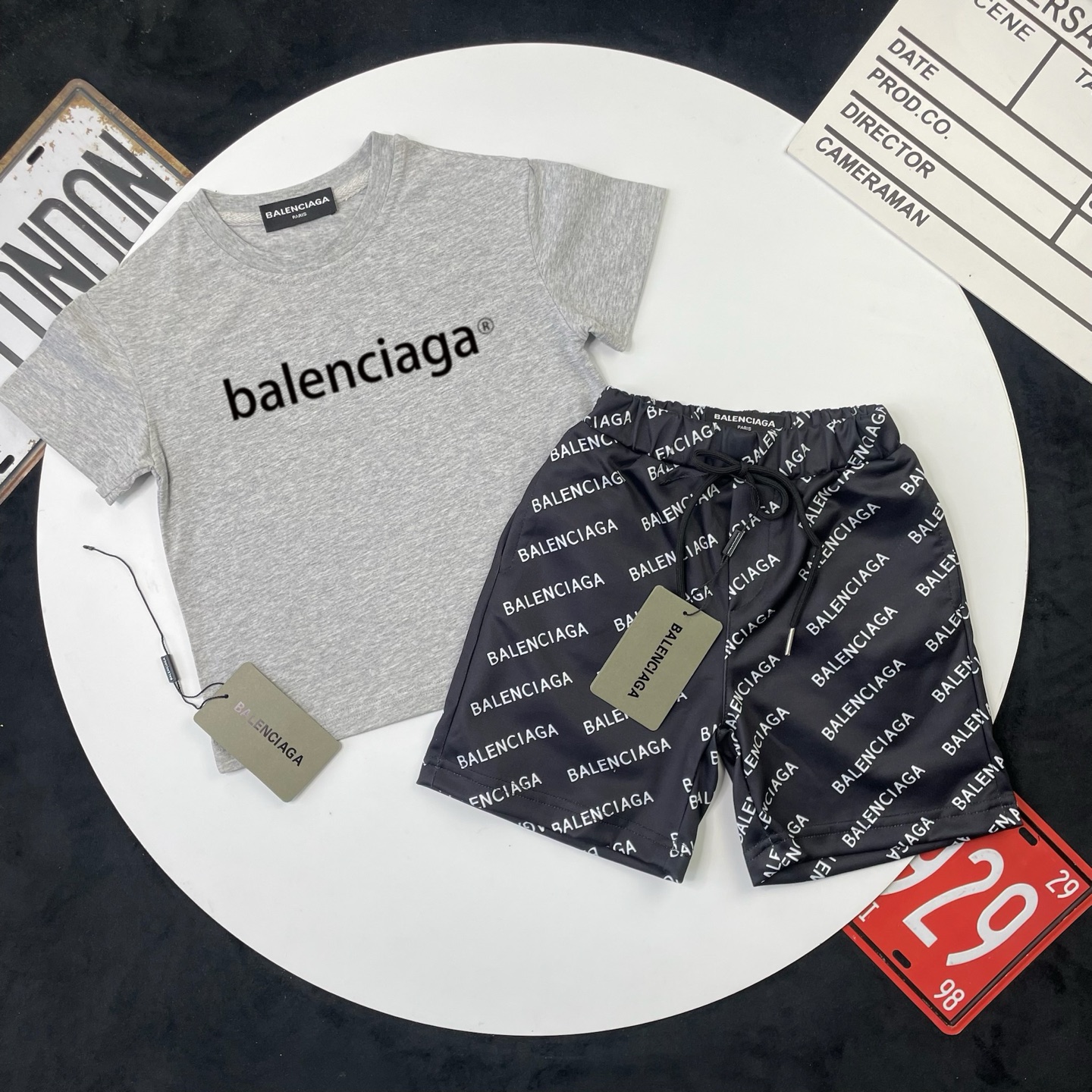 Balenciaga Unisex Kids Heather Gray Lowercase Logo Short Sleeve T-Shirt & Black All Over Letter Print Casual Shorts 2 Piece Set Boys Girls Sizes 90-150