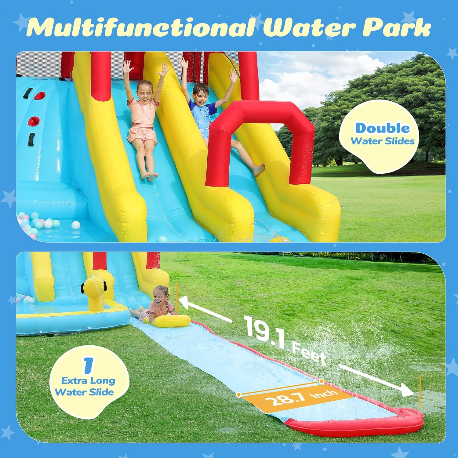 ELEMARA XL Inflatable Water Slides for Kids Backyard,Giant Water park with Long Slip Splash and Slide,Double Slides for Kids and Adults with 750W Blower,Climbing Wall,Deep Pool,Water Canon for Outdoor