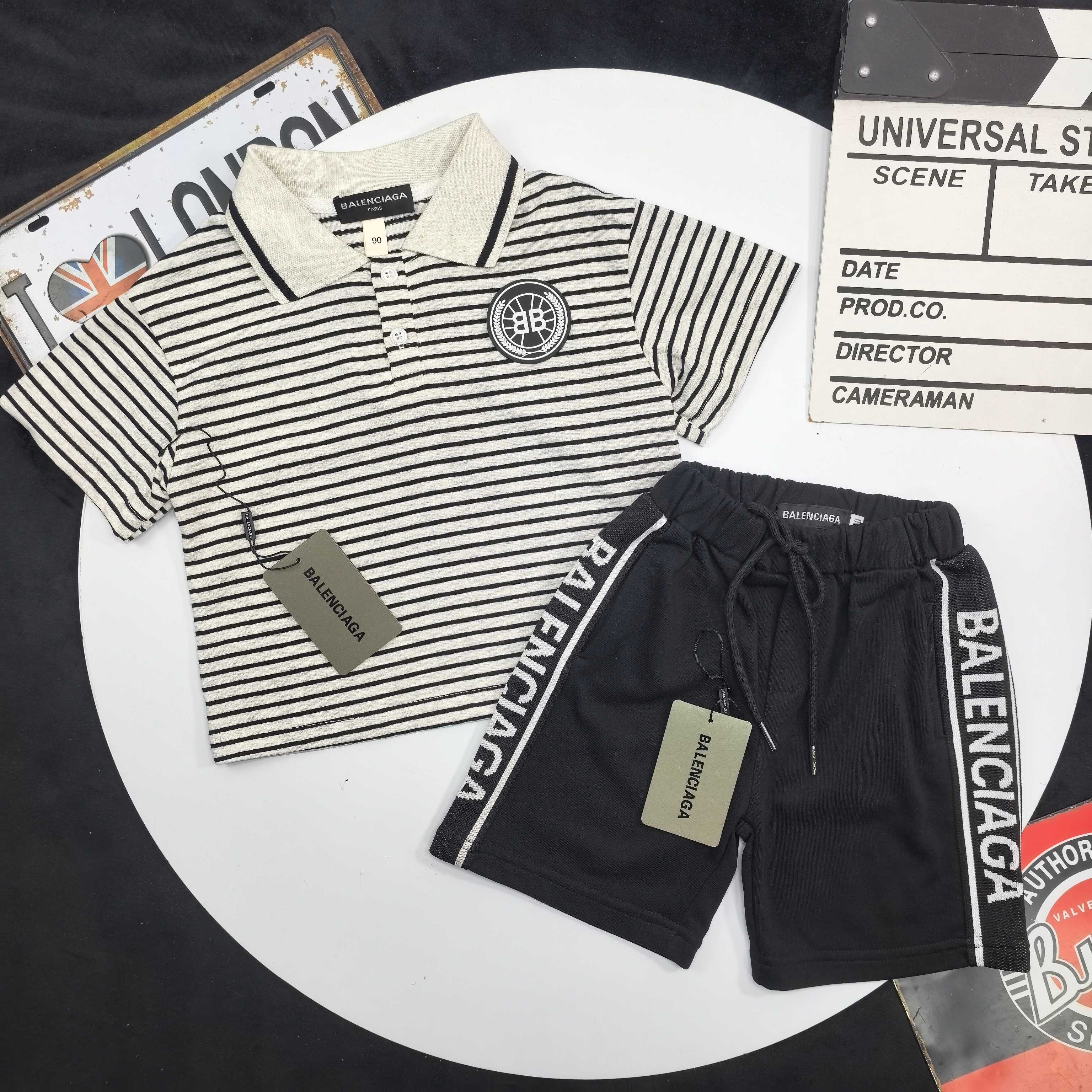 Balenciaga Unisex Kids Black White Stripe BB Badge Short Sleeve Polo Shirt & Black Double Side Woven Logo Stripe Sweat Shorts 2 Piece Set Boys Girls Sizes 90-160