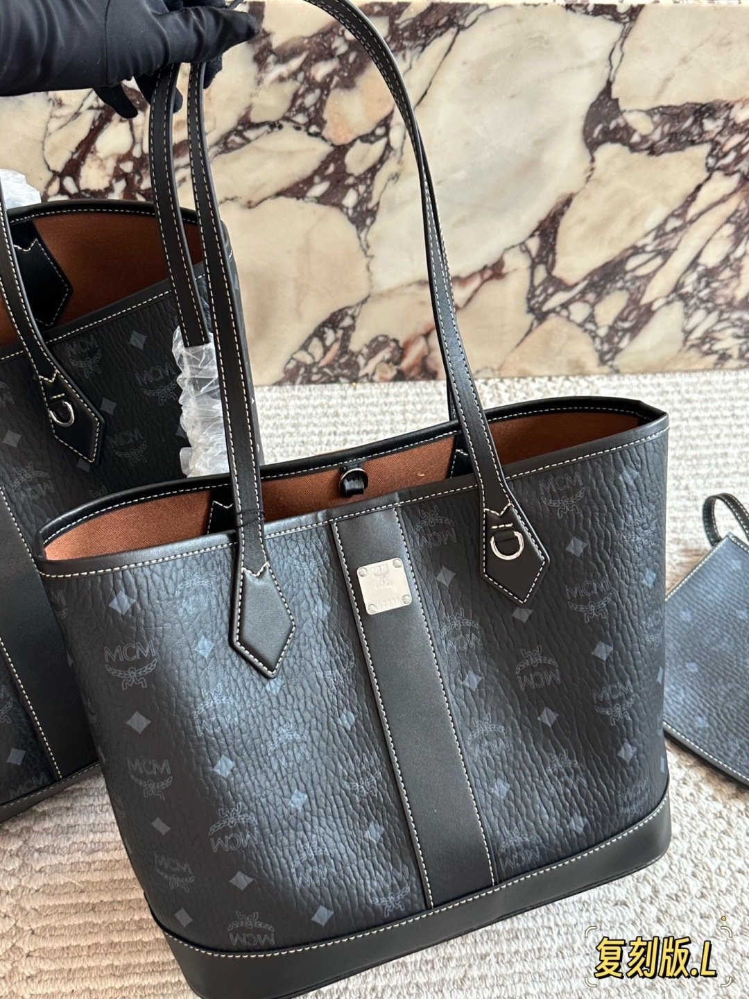 MCM Tote Bag Black Leather with Logo Pattern and Metal Hardware (Replica)