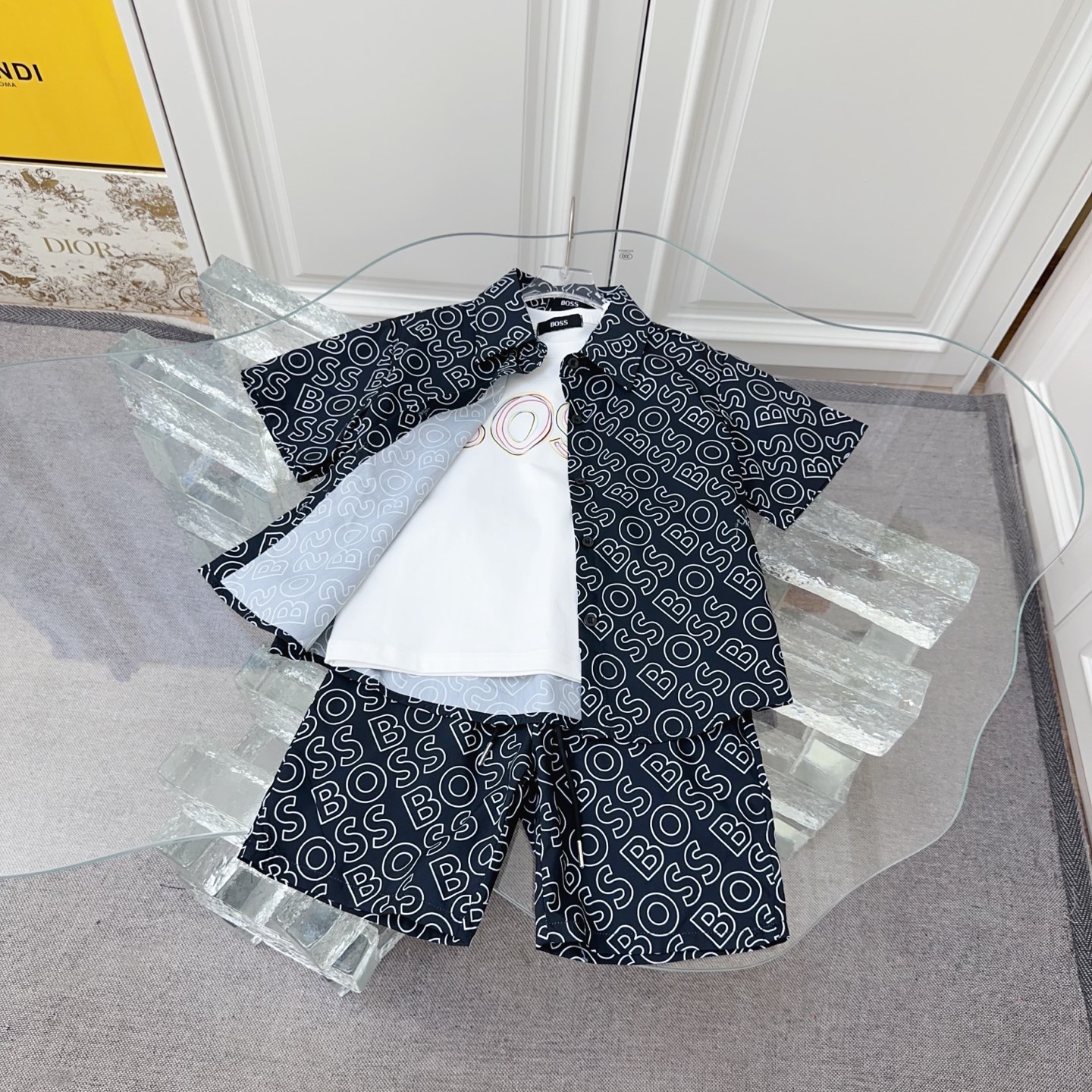 Boss Unisex Kids 3 Piece Outfit White Logo Print Short Sleeve T-Shirt + Black Full Logo Print Shirt & Shorts Set Boys Girls Sizes 110-160
