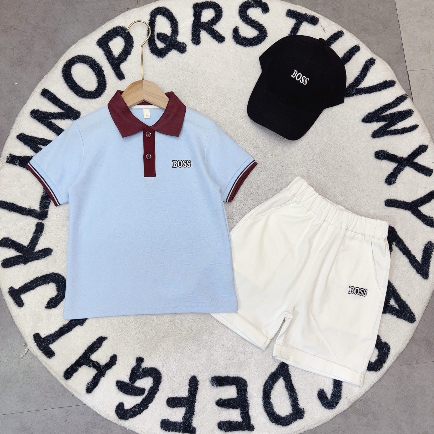 Boss Unisex Boys Light Blue Black Contrast Collar Short Sleeve Polo & Elastic Waist Shorts Set Sizes 90-160