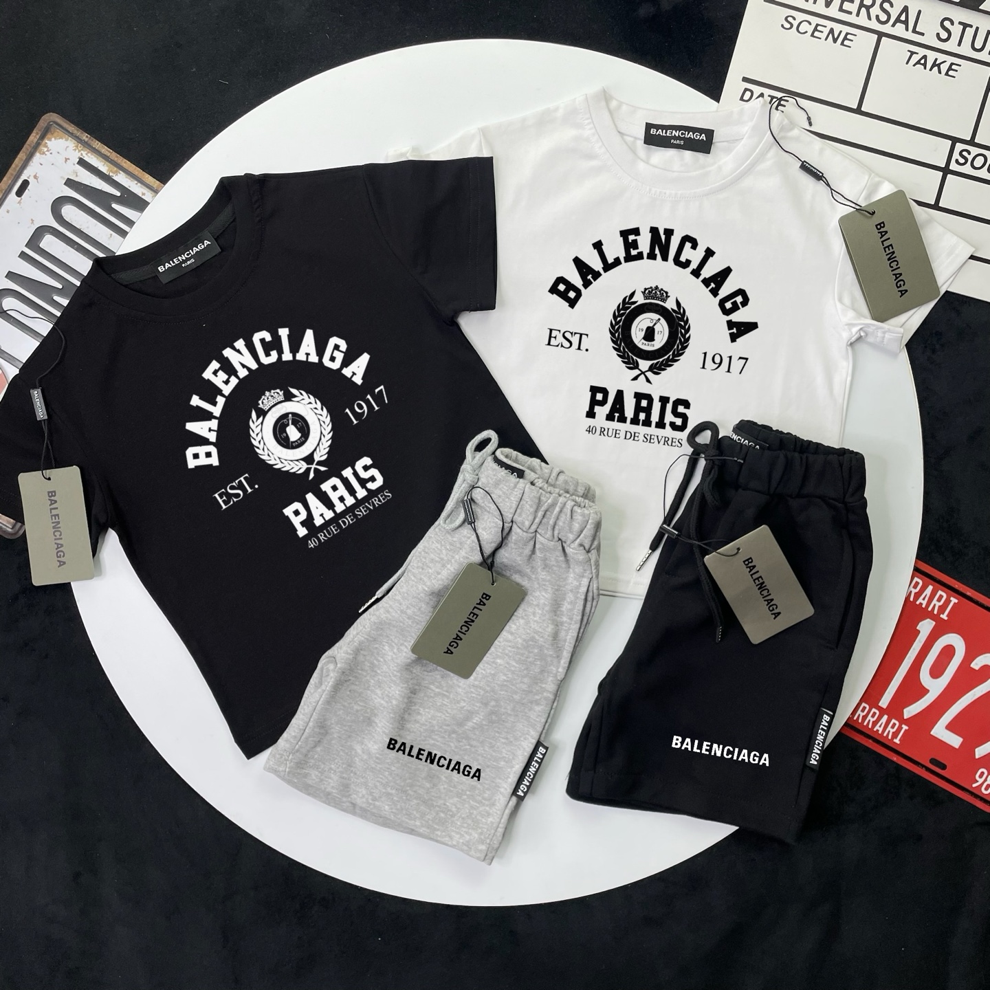 Balenciaga Unisex Kids Black White EST.1917 Paris Wreath Logo Short Sleeve T-Shirt & 2 Options Heather Gray Black Drawstring Sweat Shorts 2 Piece Set Boys Girls Sizes 90-150
