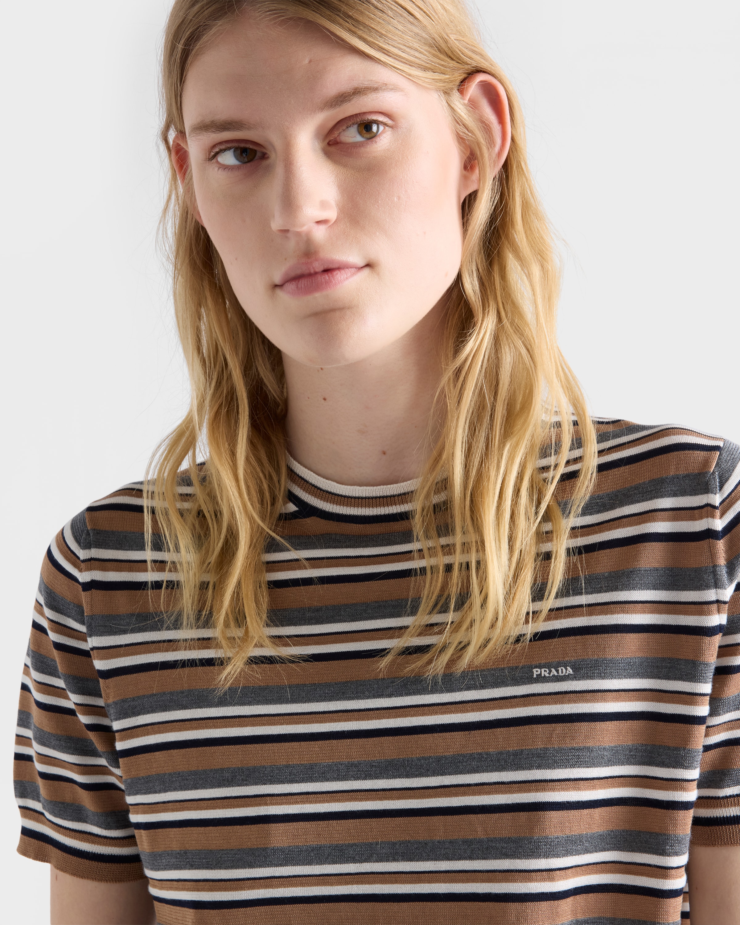 Prada brown Clothing PRADA Camel Brown Slate Gray Short-sleeved Striped Jersey T-shirt #388459 View 2 | Nigo Office