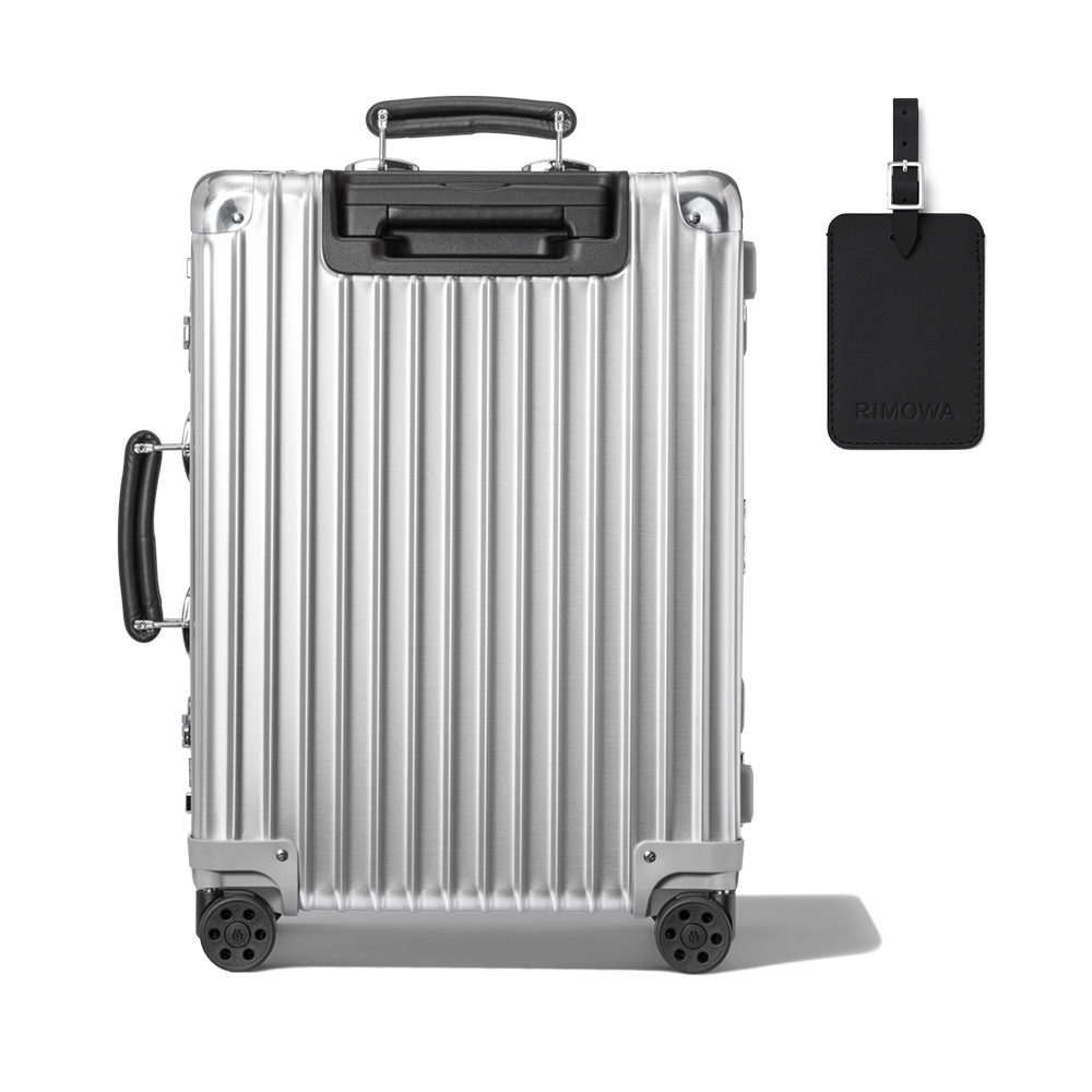 RIMOWA Classic Cabin Aluminum Carry-On Suitcase Silver and Black Personalized Leather Luggage Tag