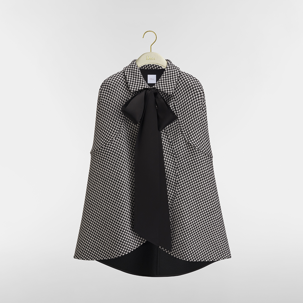 DIOR Cape with Tied Neckline Black and White Houndstooth Silk-Virgin-Wool Blend #378354