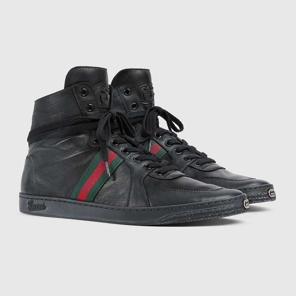 GUCCI Men's Stretch High-top Sneaker in Black Leather #378602