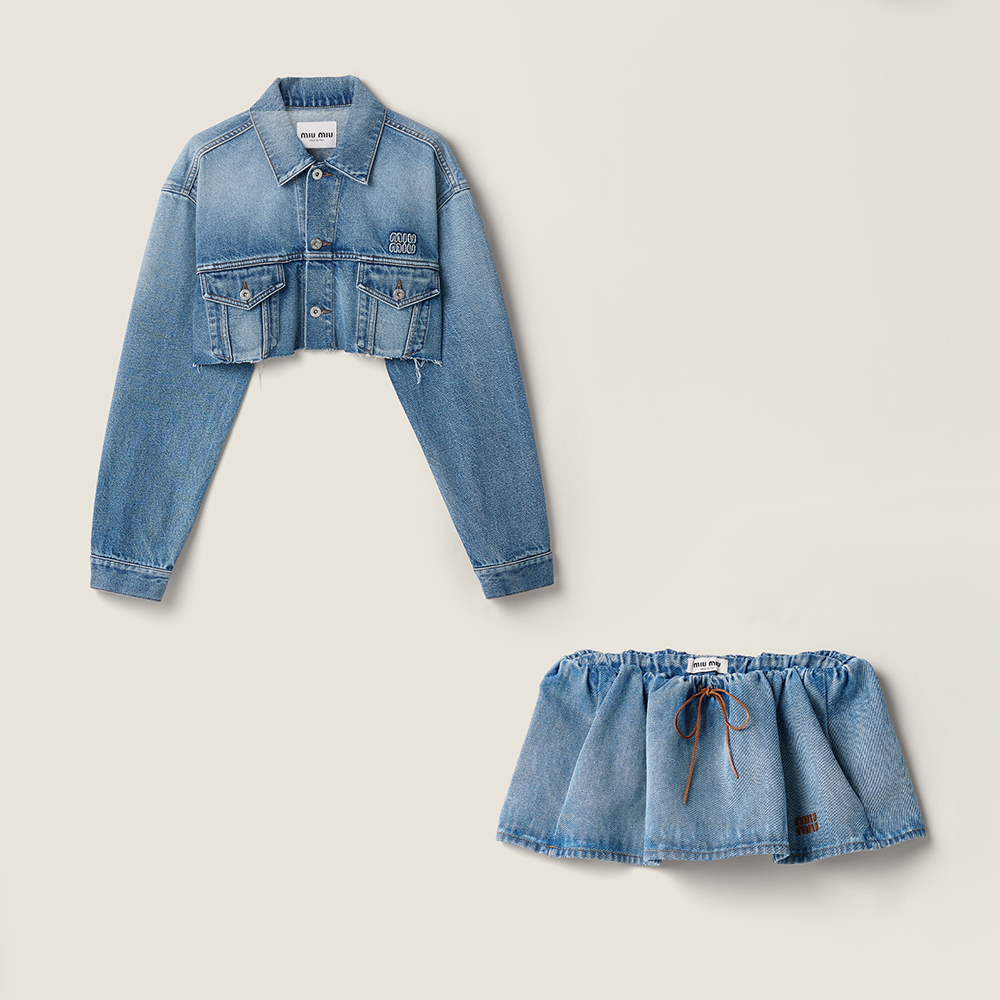 MiuMiu Navy Cropped Washed Denim Jacket and Miniskirt #386265