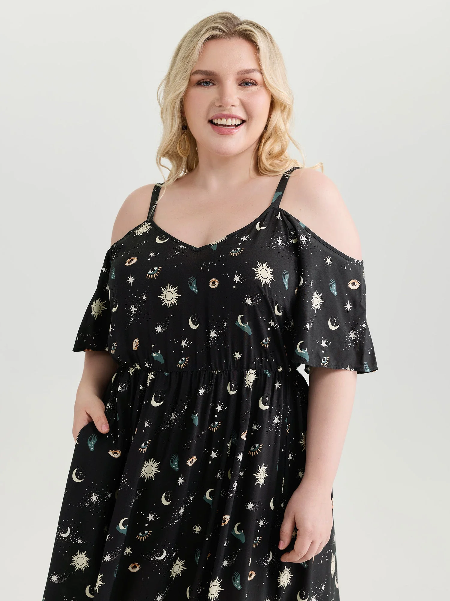 Starry Night Cold-Shoulder Flowy Midi Dress