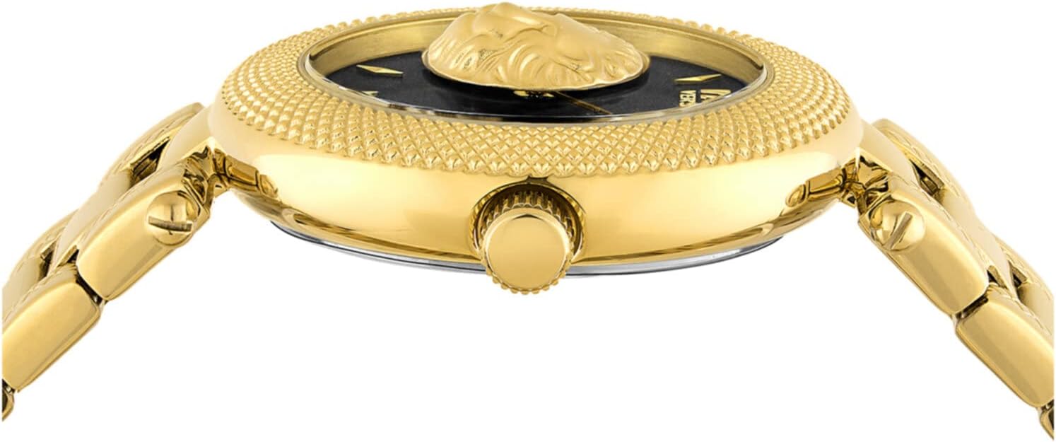 Versus Versace Brick Lane Lion Collection Luxury Womens Watch Timepieces with a Gold Bracelet and Case Featuring a Black Dial