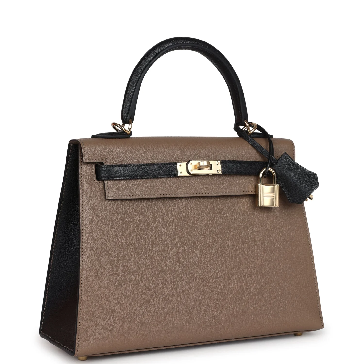 Hermes Special Order (HSS) Kelly Sellier  Black and Etoupe Chevre Mysore Permabrass Hardware