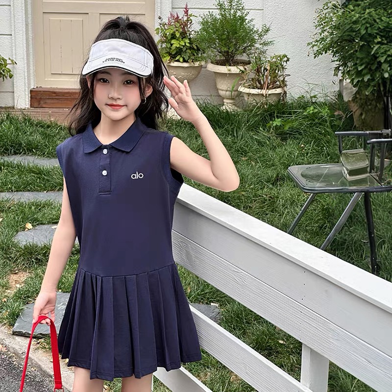 ALO Girls Sleeveless Polo Pleated Tennis Dress Cotton Kids Summer Dress Sizes 120-180