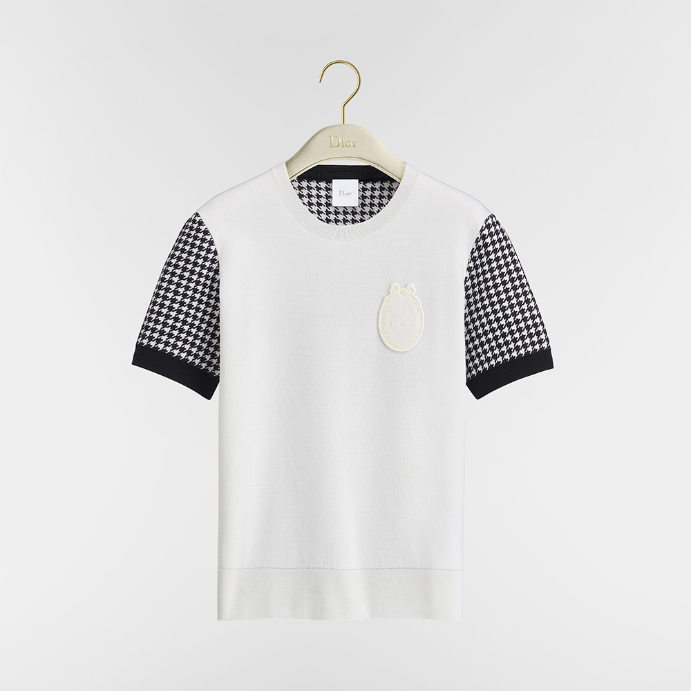DIOR Dior Médaillon Short-Sleeved Sweater Black and White Houndstooth Virgin Wool-Blend Knit #385486