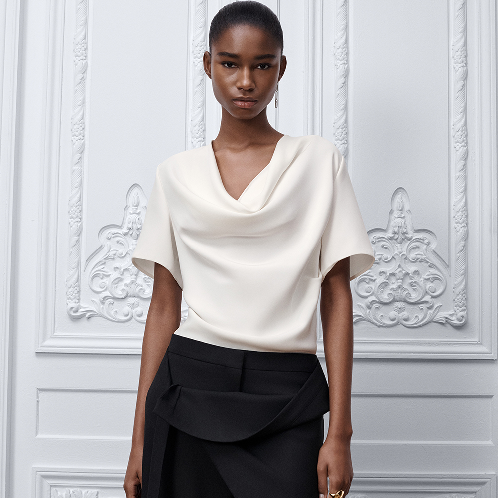 DIOR Short-Sleeved Draped Blouse Ecru Silk #385693