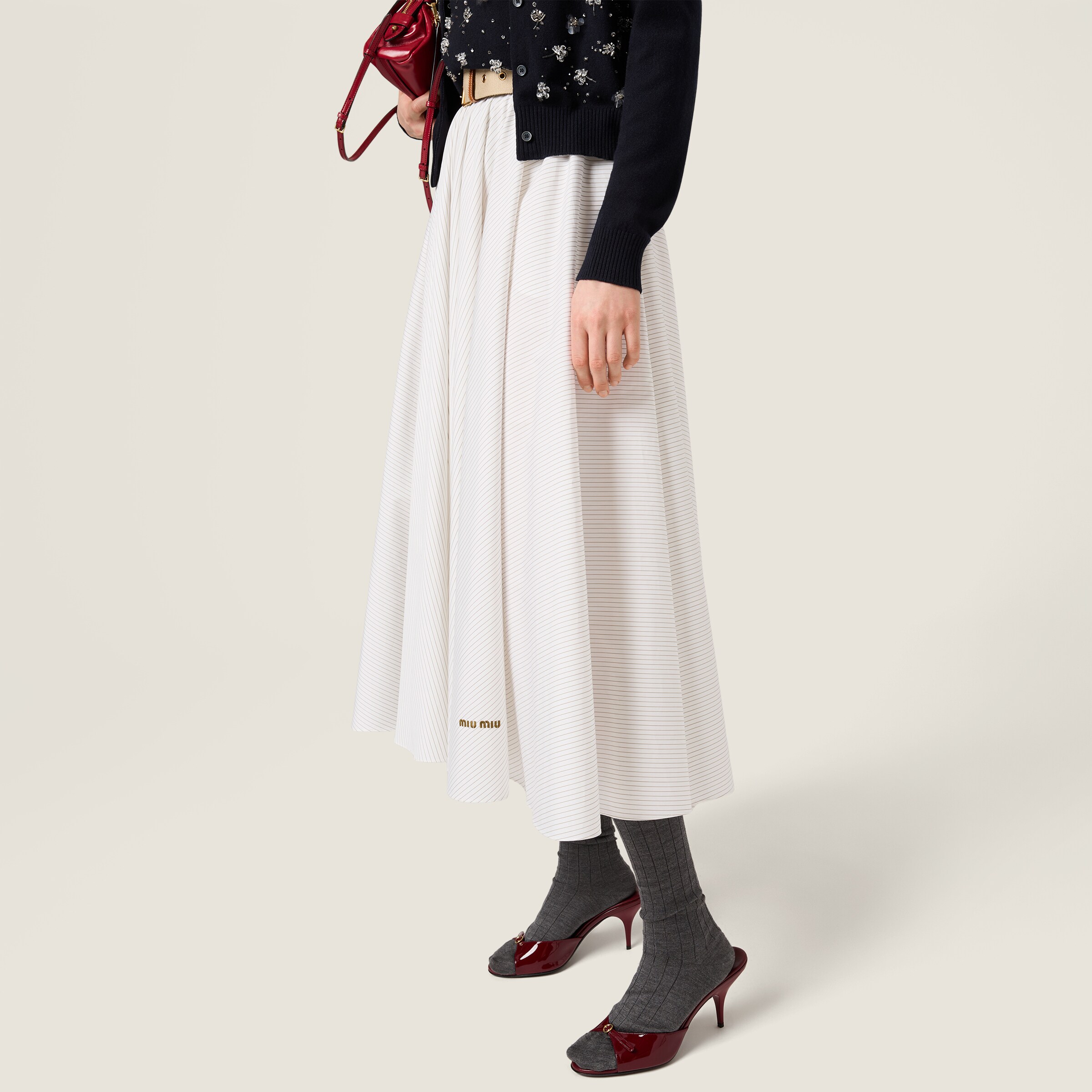 MiuMiu White khaki Pinstriped Midi-skirt  #389468