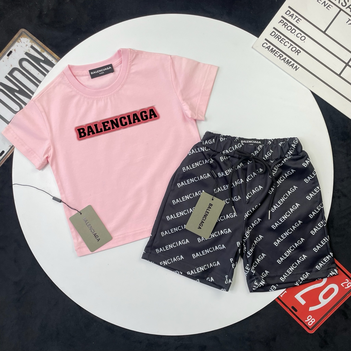 Balenciaga Unisex Kids Pink Red Glow Border Logo Short Sleeve T-Shirt & Black All Over Letter Print Casual Shorts 2 Piece Set Boys Girls Sizes 90-150